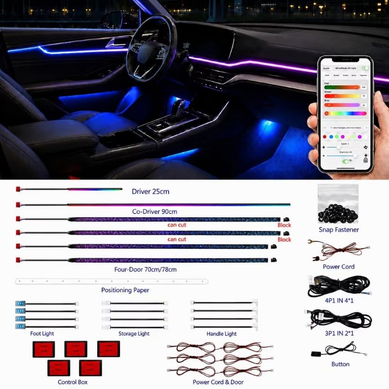 Car Ambient Light Kit With Remote - Auto-sfeerverlichtingsset 18 in 1 RGB LED