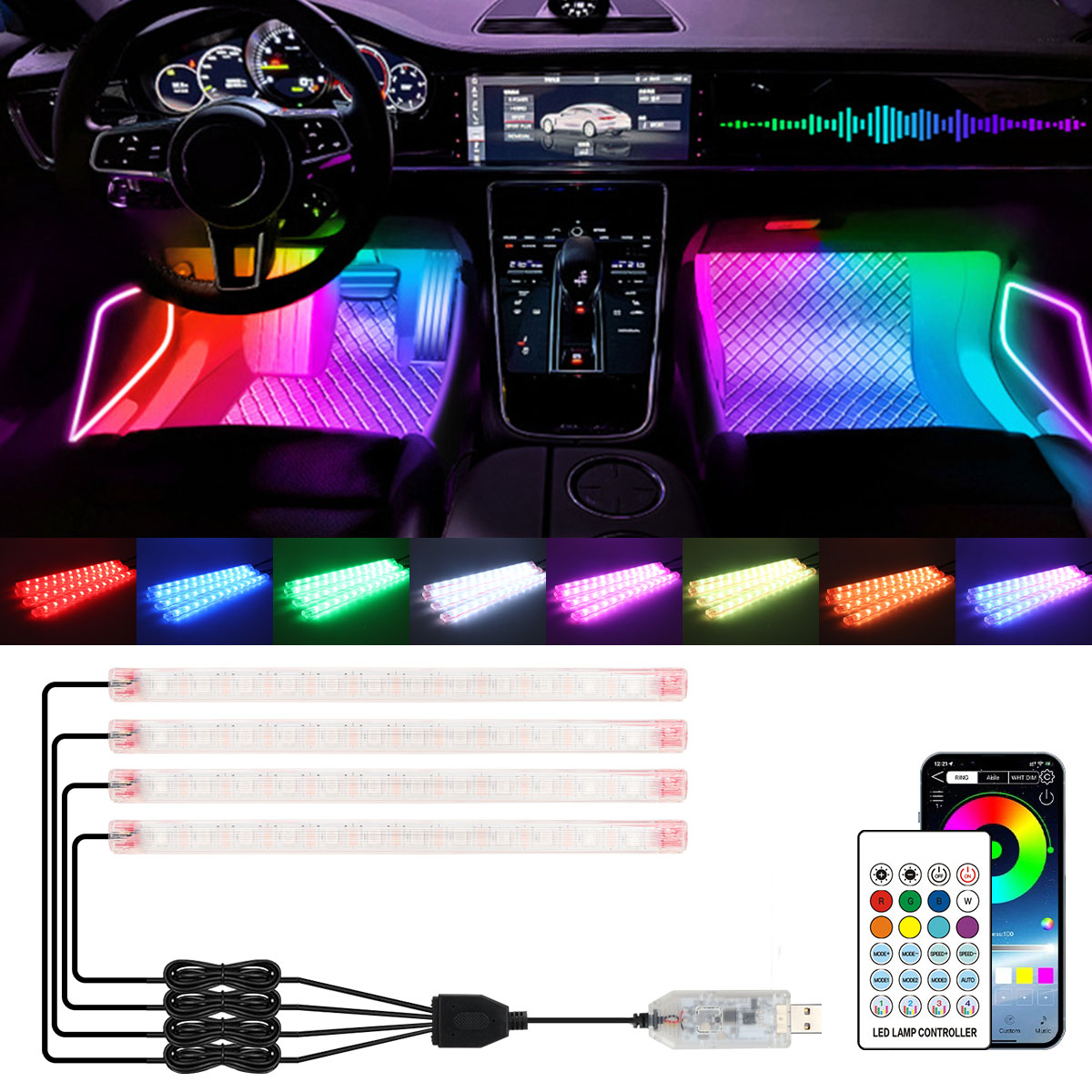 Car Ambient Light Kit With Remote - 2/4in1 12/18 LED RGB Regenboog Sfeer