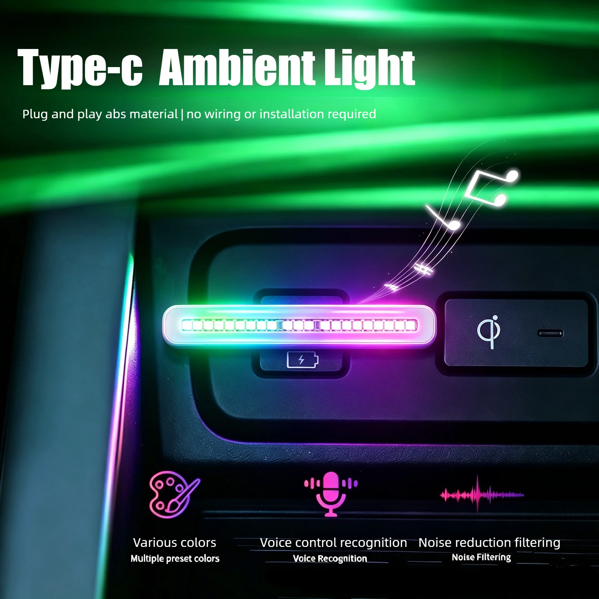 Car Ambient Light Sound Activated - Type-C RGB geluidsgeactiveerde ritmische lamp, sfeerverlichting
