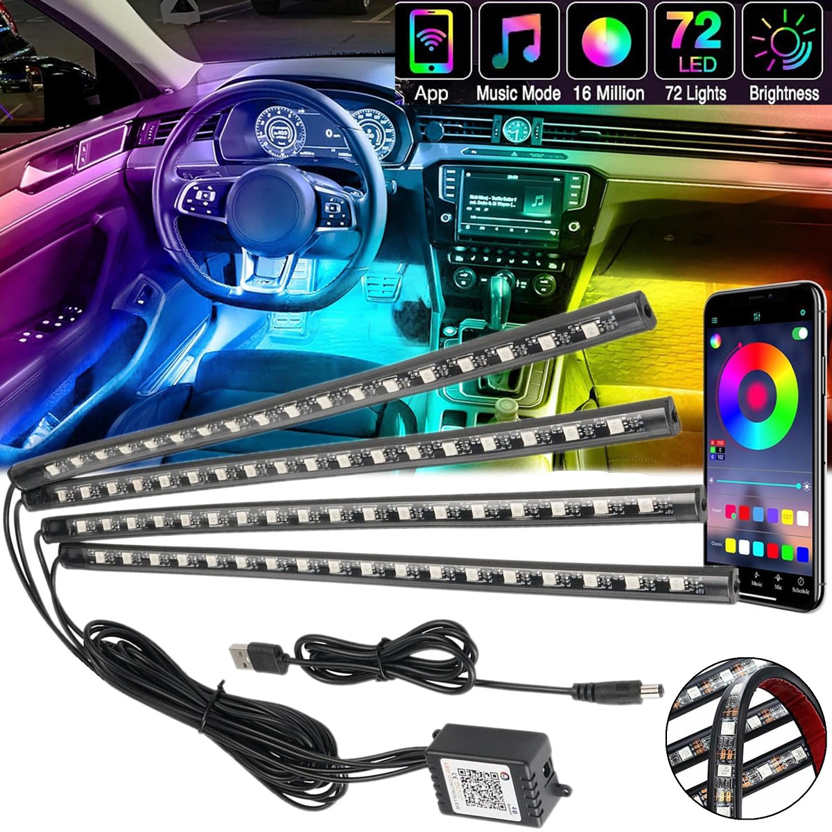 4 stuks 72 LED RGB auto-interi - Car Interior Neon Light Usb recensie en prijs