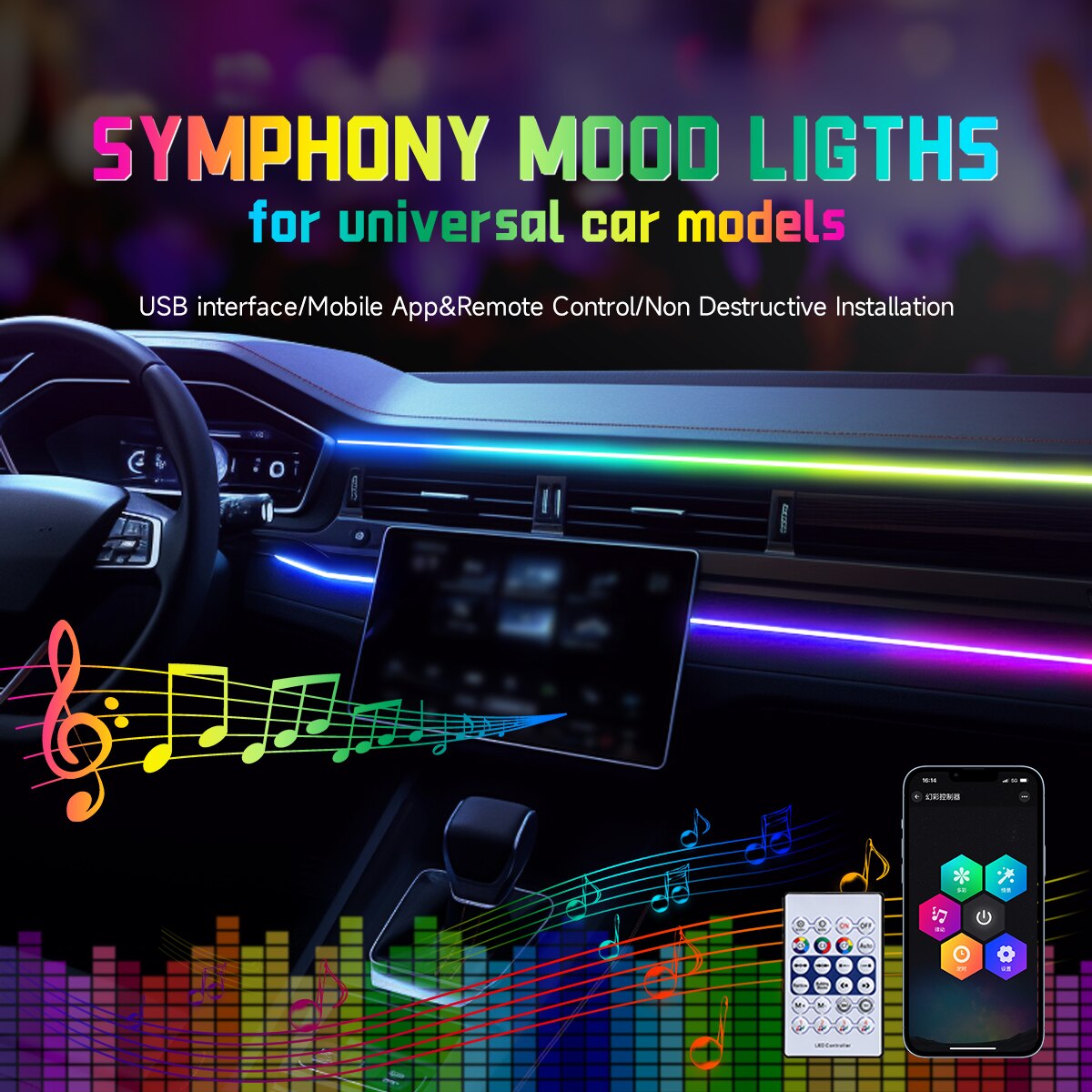 Auto LED Omgevingslicht USB 64 - Car Ambient Light Kit With Remote recensie en prijs